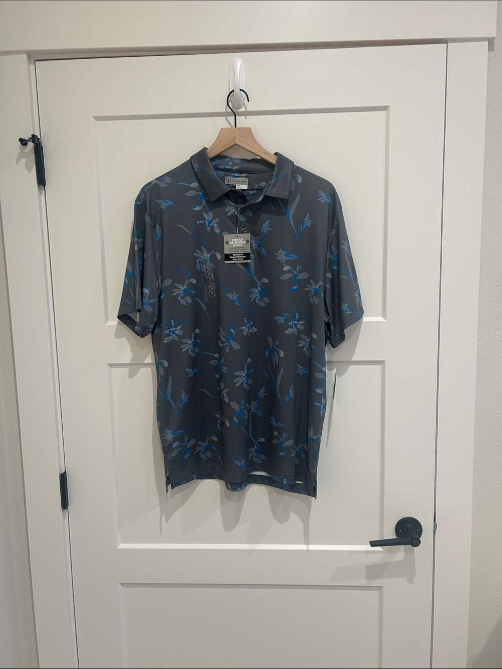 PGA Tour Men's Gray Polo with Blue Floral Print NWT
